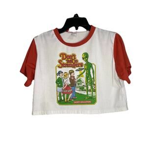 Romwe Don’t Talk to Strangers Alien Graphic Crop Top T-Shirt Red White Size L